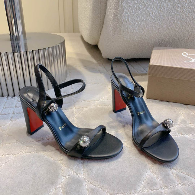 MISS JANE SANDAL 90MM IN BLACK CALFSKIN EMBELLISHED BALL