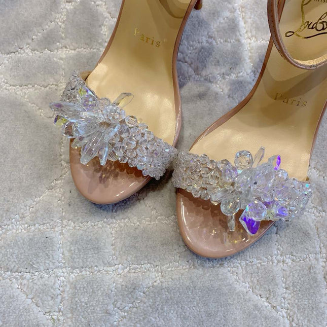 CRYSTAL QUEEN SANDAL 100MM IN NUDE CALFSKIN EMBELLISHED