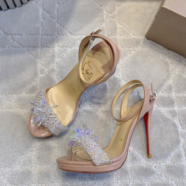 CRYSTAL QUEEN SANDAL 100MM IN NUDE CALFSKIN EMBELLISHED