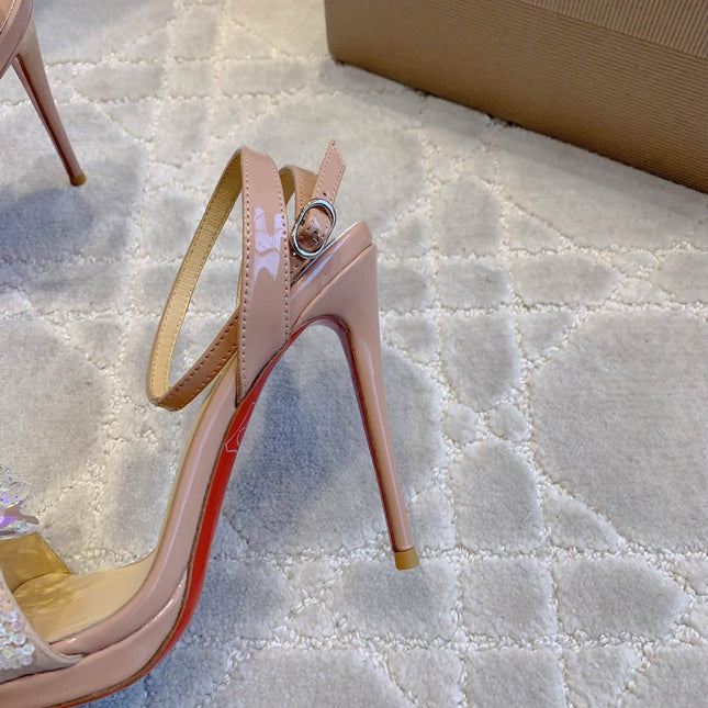 CRYSTAL QUEEN SANDAL 100MM IN NUDE CALFSKIN EMBELLISHED