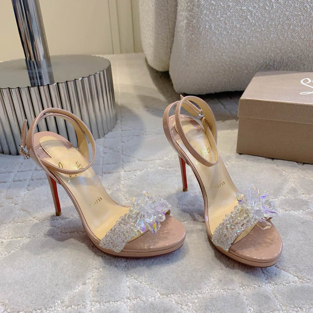 CRYSTAL QUEEN SANDAL 100MM IN NUDE CALFSKIN EMBELLISHED