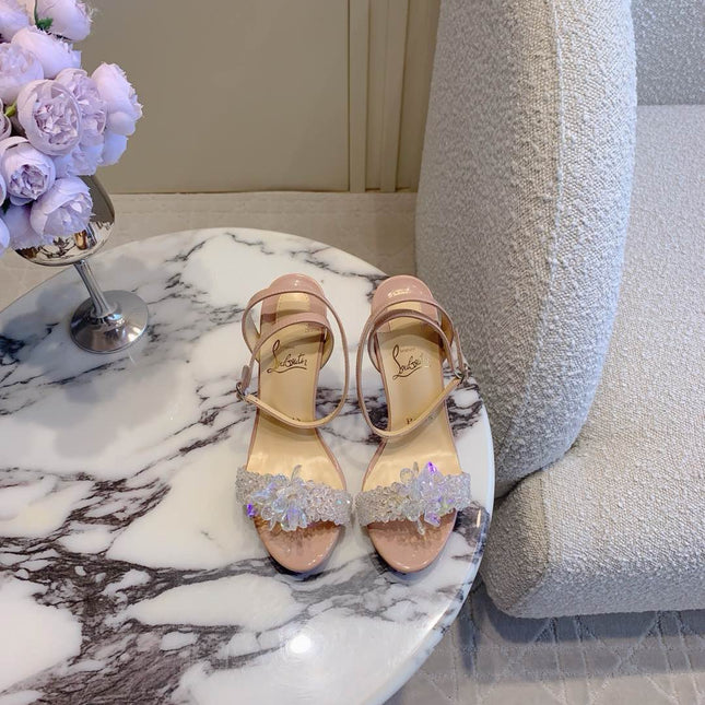 CRYSTAL QUEEN SANDAL 100MM IN NUDE CALFSKIN EMBELLISHED