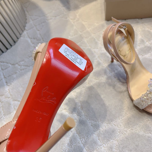 CRYSTAL QUEEN SANDAL 100MM IN NUDE CALFSKIN EMBELLISHED