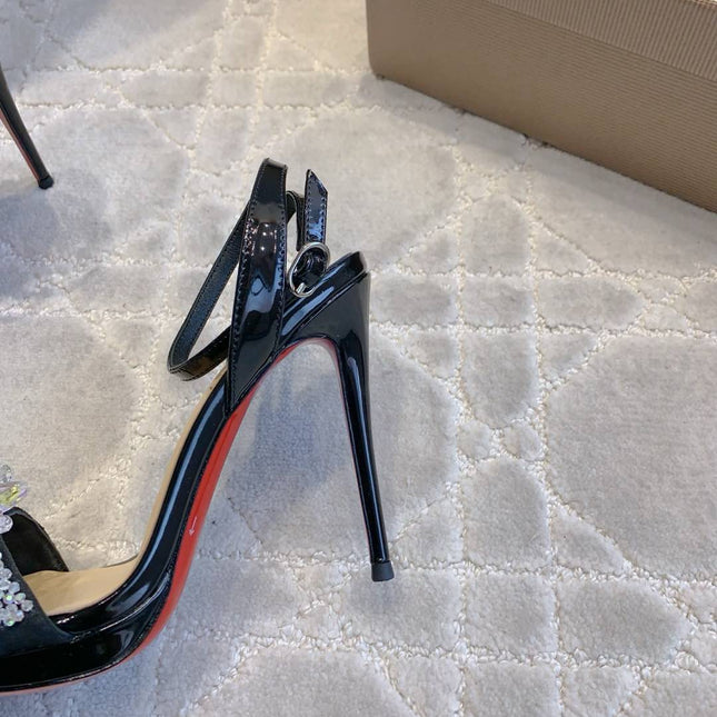 CRYSTAL QUEEN SANDAL 100MM IN BLACK CALFSKIN EMBELLISHED CRYTAL