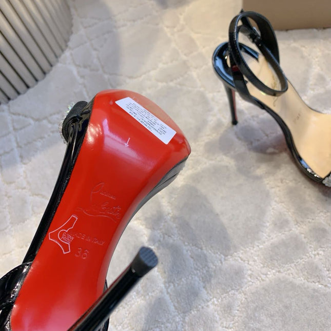 CRYSTAL QUEEN SANDAL 100MM IN BLACK CALFSKIN EMBELLISHED CRYTAL