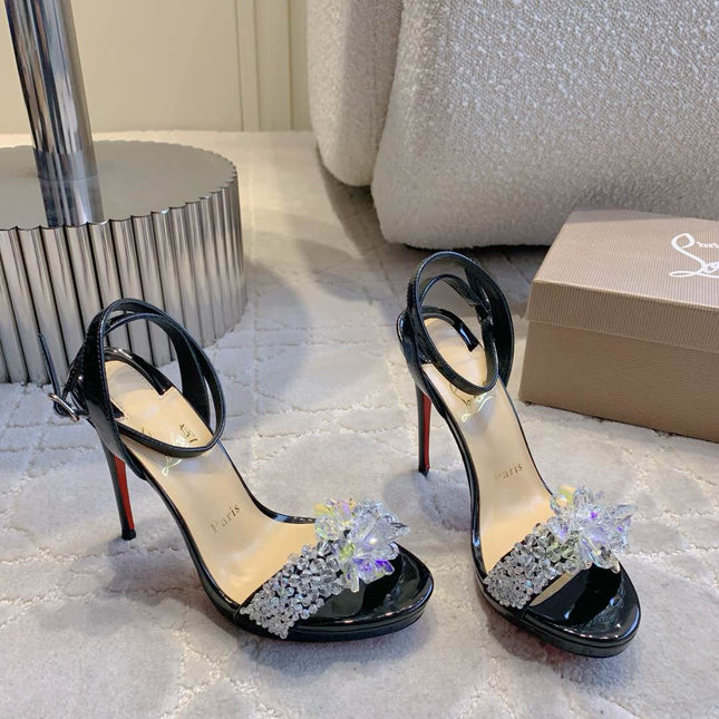 CRYSTAL QUEEN SANDAL 100MM IN BLACK CALFSKIN EMBELLISHED CRYTAL