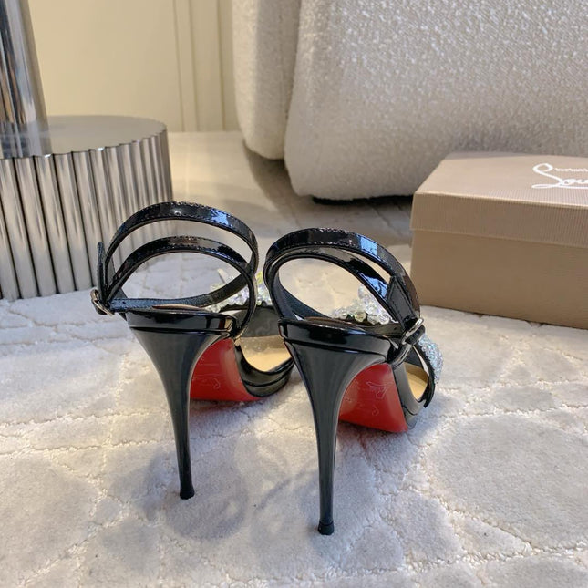 CRYSTAL QUEEN SANDAL 100MM IN BLACK CALFSKIN EMBELLISHED CRYTAL