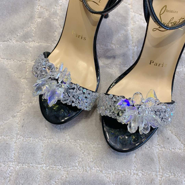 CRYSTAL QUEEN SANDAL 100MM IN BLACK CALFSKIN EMBELLISHED CRYTAL
