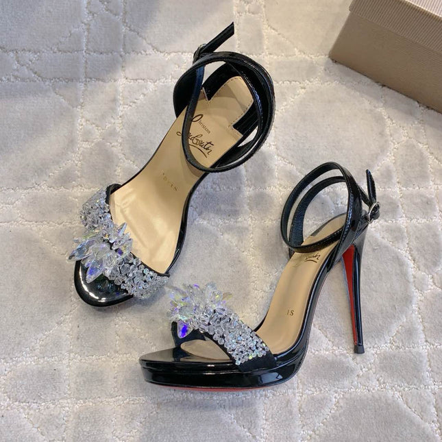CRYSTAL QUEEN SANDAL 100MM IN BLACK CALFSKIN EMBELLISHED CRYTAL
