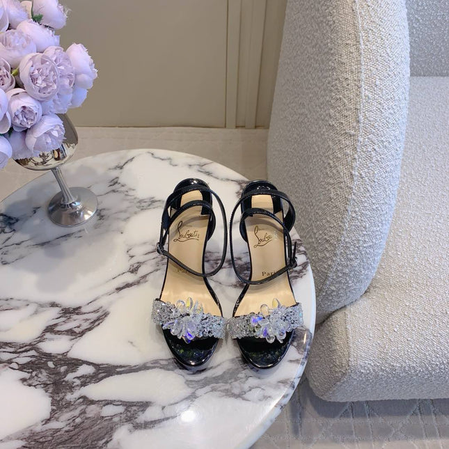 CRYSTAL QUEEN SANDAL 100MM IN BLACK CALFSKIN EMBELLISHED CRYTAL
