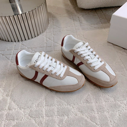 CELINE 25S JOGGER LOW LACE UP SNEAKER IN WHITE BEIGE RED CALFSKIN AND SUEDE