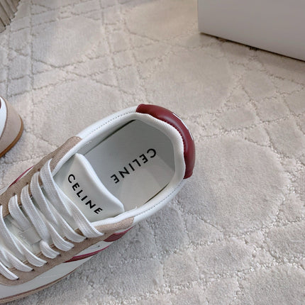 CELINE 25S JOGGER LOW LACE UP SNEAKER IN WHITE BEIGE RED CALFSKIN AND SUEDE