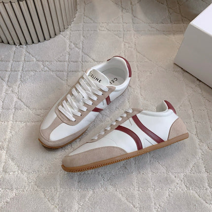 CELINE 25S JOGGER LOW LACE UP SNEAKER IN WHITE BEIGE RED CALFSKIN AND SUEDE