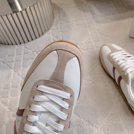 CELINE 25S JOGGER LOW LACE UP SNEAKER IN WHITE BEIGE RED CALFSKIN AND SUEDE