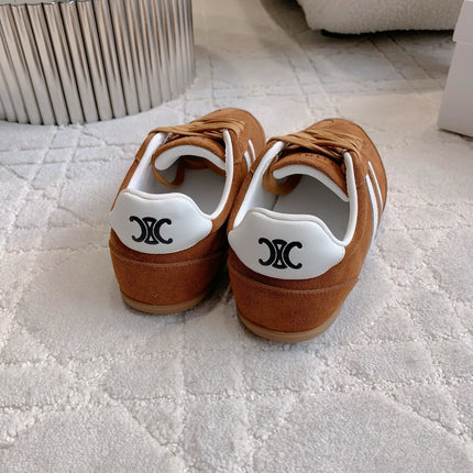 CELINE 25S JOGGER LOW LACE UP SNEAKER IN RUST BROWN CALFSKIN AND SUEDE