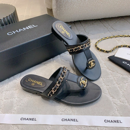 CC THONG SLIPPERS IN BLACK LAMBSKIN MIX CHAIN
