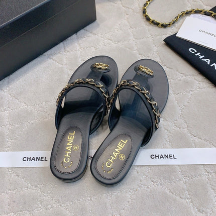 CC THONG SLIPPERS IN BLACK LAMBSKIN MIX CHAIN