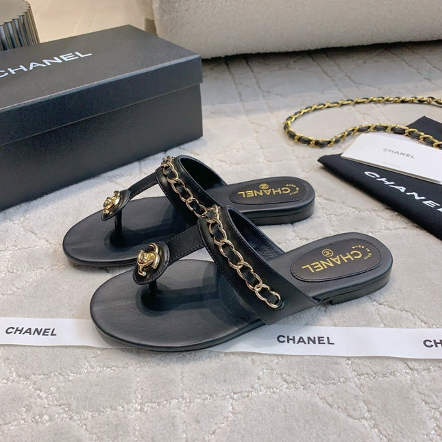 CC THONG SLIPPERS IN BLACK LAMBSKIN MIX CHAIN