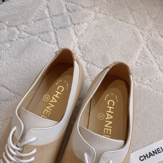 CHANEL 25S TWO TONE LACE UP IN BEIGE CALFSKIN