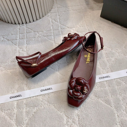 CHANEL 25S CAMELLIA SQUARE TOE FLATS IN ROSSO ANCORA CALFSKIN GOLD HARDWARE