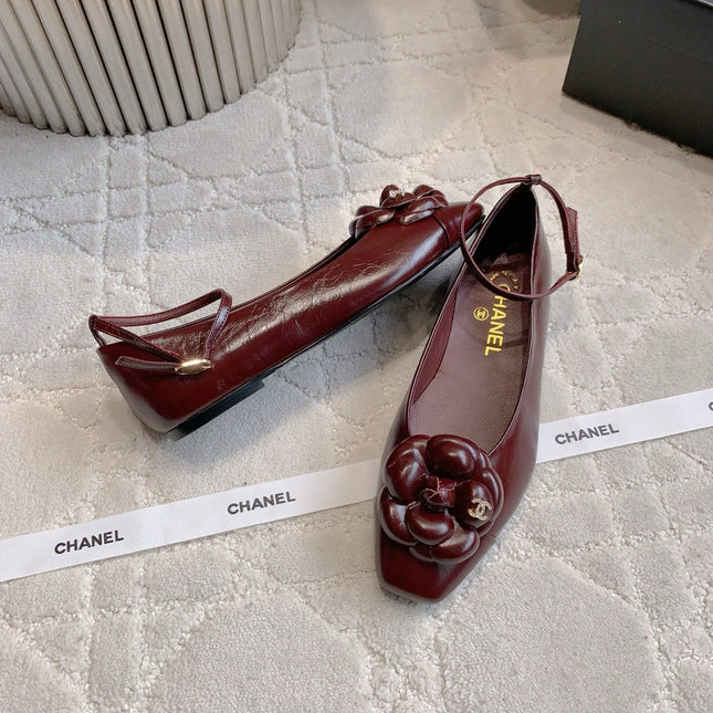 CHANEL 25S CAMELLIA SQUARE TOE FLATS IN ROSSO ANCORA CALFSKIN GOLD HARDWARE