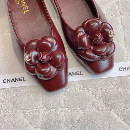 CHANEL 25S CAMELLIA SQUARE TOE FLATS IN ROSSO ANCORA CALFSKIN GOLD HARDWARE