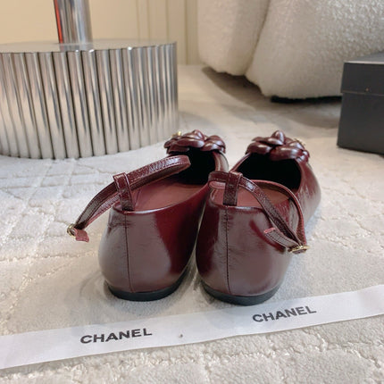 CHANEL 25S CAMELLIA SQUARE TOE FLATS IN ROSSO ANCORA CALFSKIN GOLD HARDWARE