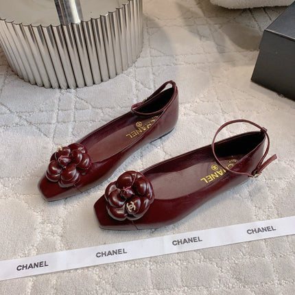 CHANEL 25S CAMELLIA SQUARE TOE FLATS IN ROSSO ANCORA CALFSKIN GOLD HARDWARE