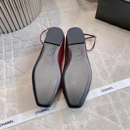 CHANEL 25S CAMELLIA SQUARE TOE FLATS IN ROSSO ANCORA CALFSKIN GOLD HARDWARE