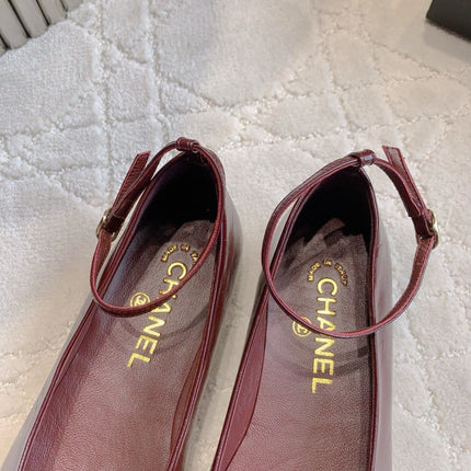 CHANEL 25S CAMELLIA SQUARE TOE FLATS IN ROSSO ANCORA CALFSKIN GOLD HARDWARE