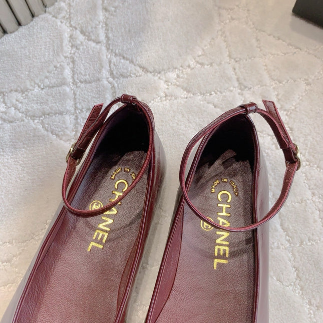CHANEL 25S CAMELLIA SQUARE TOE FLATS IN ROSSO ANCORA CALFSKIN GOLD HARDWARE