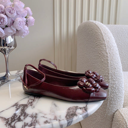 CHANEL 25S CAMELLIA SQUARE TOE FLATS IN ROSSO ANCORA CALFSKIN GOLD HARDWARE