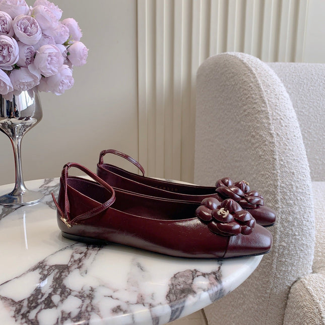 CHANEL 25S CAMELLIA SQUARE TOE FLATS IN ROSSO ANCORA CALFSKIN GOLD HARDWARE