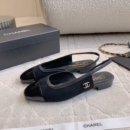 CHANEL 25S SLINGBACK IN BLACK CALFSKIN AND SUEDE GOLD HARDWARE