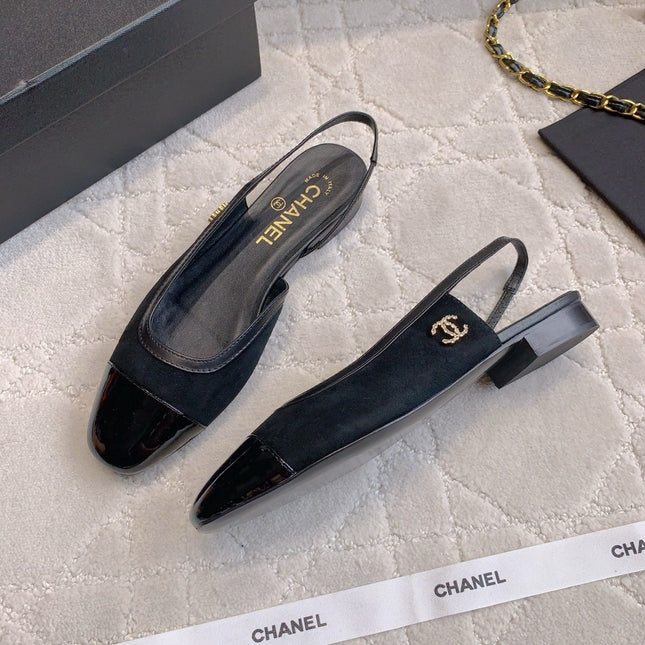CHANEL 25S SLINGBACK IN BLACK CALFSKIN AND SUEDE GOLD HARDWARE
