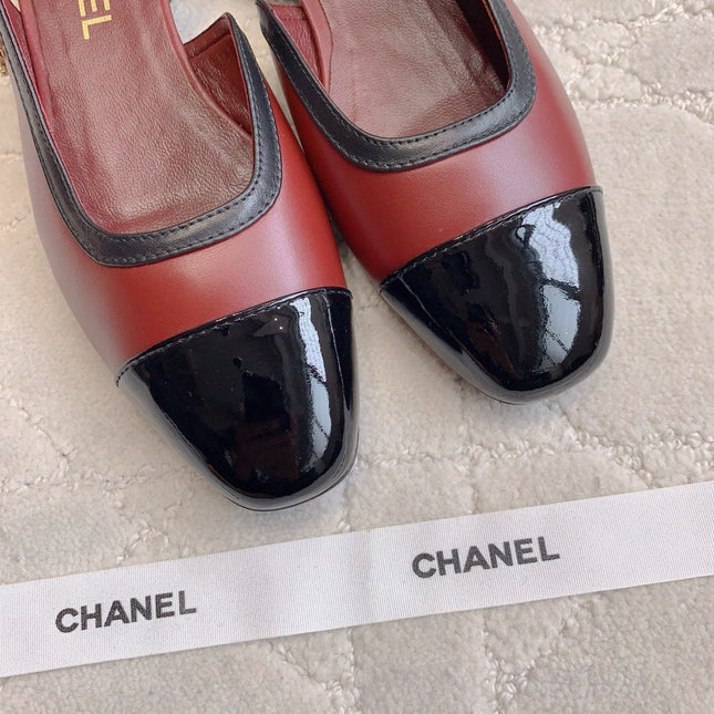 CHANEL 25S SLINGBACK IN BLACK AND ROSEWOOD CALFSKIN GOLD HARDWARE
