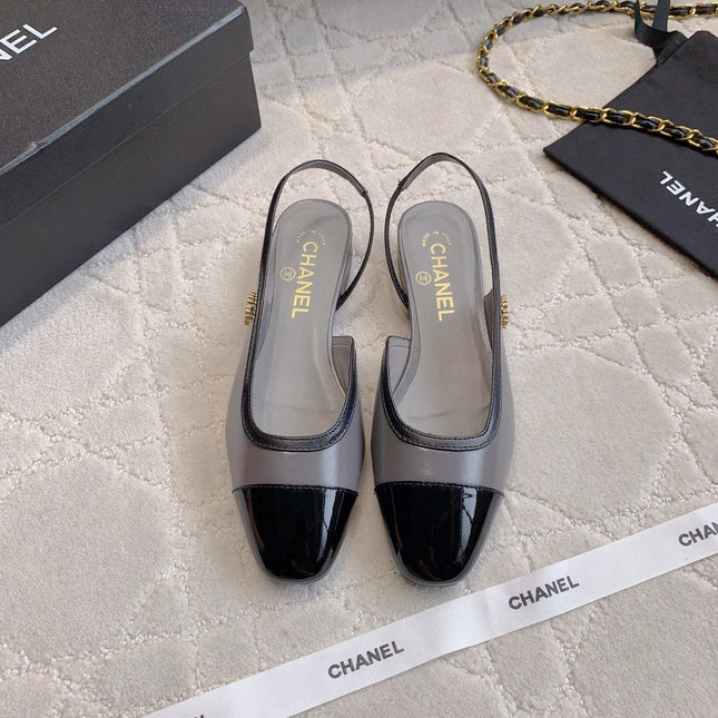 CHANEL 25S SLINGBACK IN BLACK AND TAUPE GRAY CALFSKIN GOLD HARDWARE