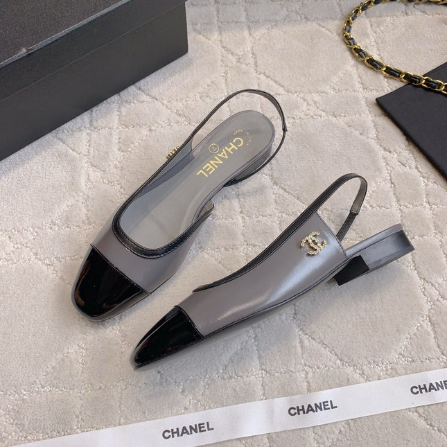 CHANEL 25S SLINGBACK IN BLACK AND TAUPE GRAY CALFSKIN GOLD HARDWARE