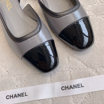 CHANEL 25S SLINGBACK IN BLACK AND TAUPE GRAY CALFSKIN GOLD HARDWARE