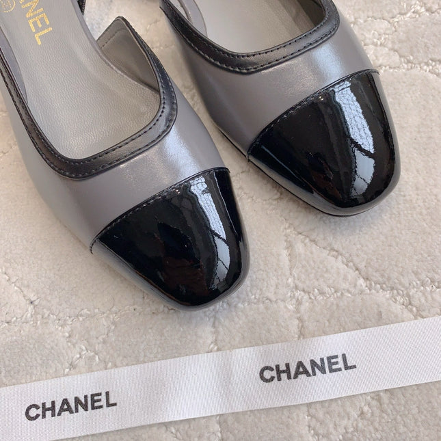 CHANEL 25S SLINGBACK IN BLACK AND TAUPE GRAY CALFSKIN GOLD HARDWARE