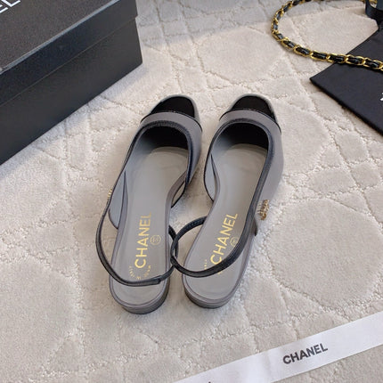 CHANEL 25S SLINGBACK IN BLACK AND TAUPE GRAY CALFSKIN GOLD HARDWARE