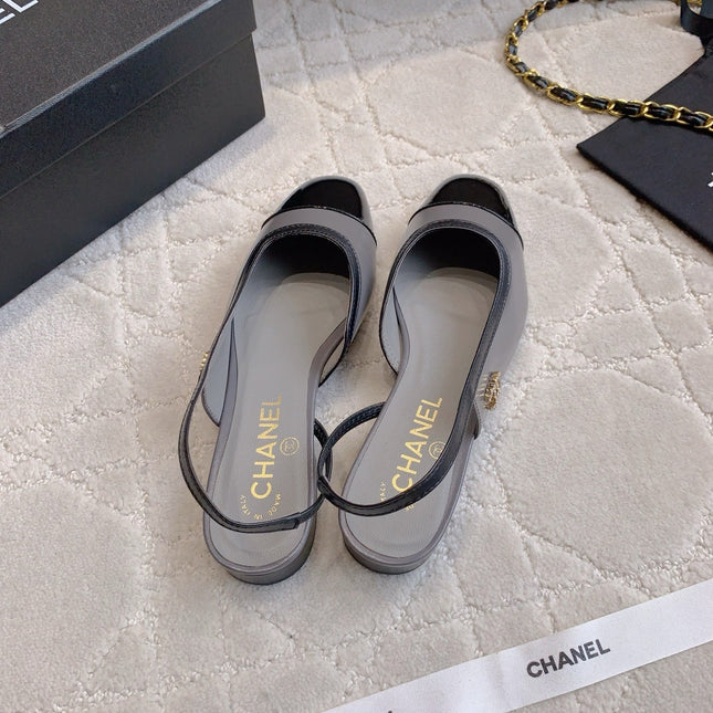 CHANEL 25S SLINGBACK IN BLACK AND TAUPE GRAY CALFSKIN GOLD HARDWARE