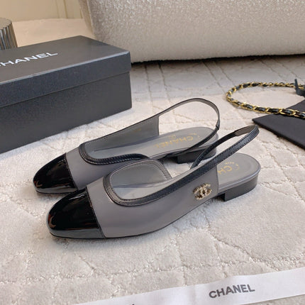 CHANEL 25S SLINGBACK IN BLACK AND TAUPE GRAY CALFSKIN GOLD HARDWARE