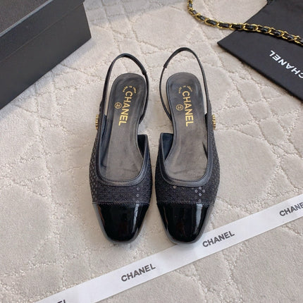 CHANEL 25S SLINGBACK IN SPARKLING BLACK CALFSKIN AND CANVAS GOLD HARDWARE