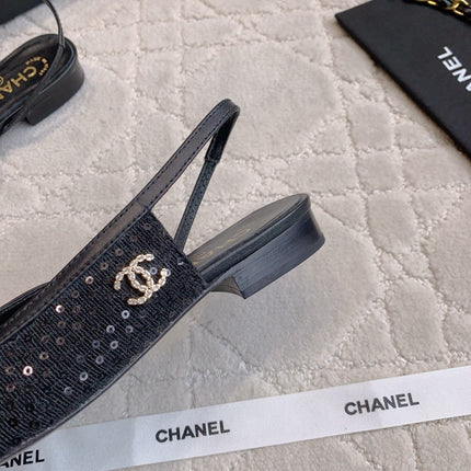 CHANEL 25S SLINGBACK IN SPARKLING BLACK CALFSKIN AND CANVAS GOLD HARDWARE