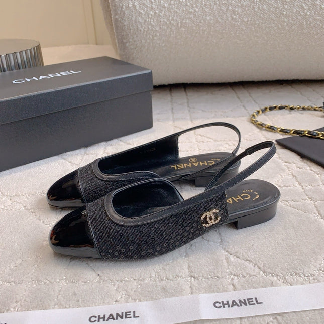 CHANEL 25S SLINGBACK IN SPARKLING BLACK CALFSKIN AND CANVAS GOLD HARDWARE