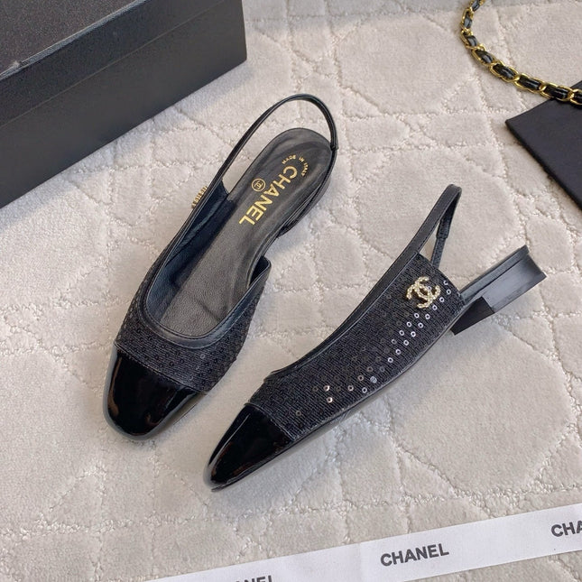 CHANEL 25S SLINGBACK IN SPARKLING BLACK CALFSKIN AND CANVAS GOLD HARDWARE