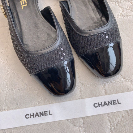 CHANEL 25S SLINGBACK IN SPARKLING BLACK CALFSKIN AND CANVAS GOLD HARDWARE