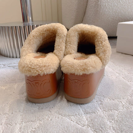 CELINE 25S DANA WEDGE MULE 70MM IN BURNT ORANGE SUEDE CALFSKIN AND SHEARLING