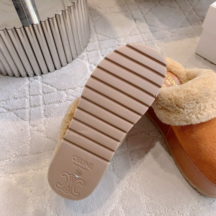 CELINE 25S DANA WEDGE MULE 70MM IN BURNT ORANGE SUEDE CALFSKIN AND SHEARLING